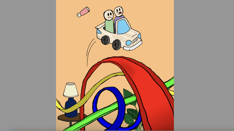 cartoon of a Hotwheels car with people on a Hotwheels track, for Name That Caption December 2023