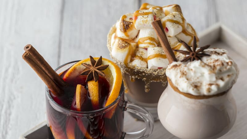 seasonal cocktails - hot chocolate with marshmallows, hot apple cider, and egg nog