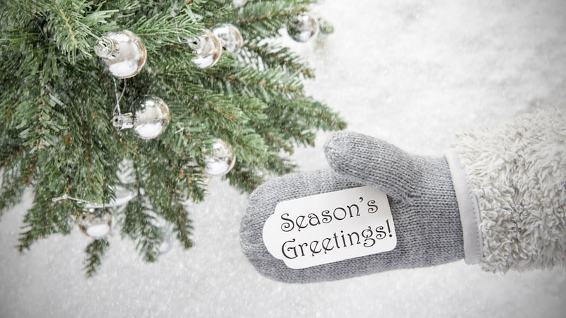 A mitten holding a card saying "Seasons Greetings," on a background of a Christmas tree and snow. For More What’s Booming RVA: December 21 to 28