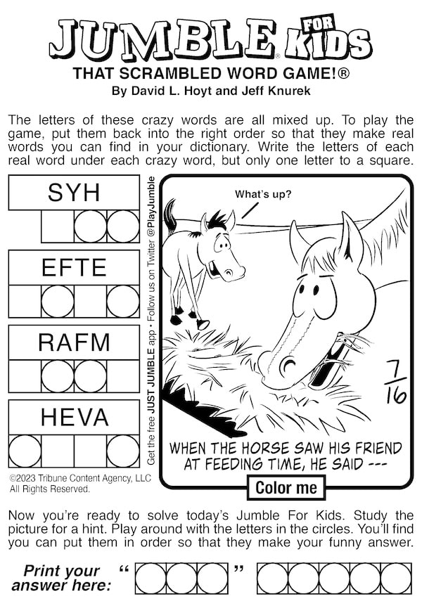 Kids Jumble puzzle for chow time, with cartoon of a horse eating and greeting another horse