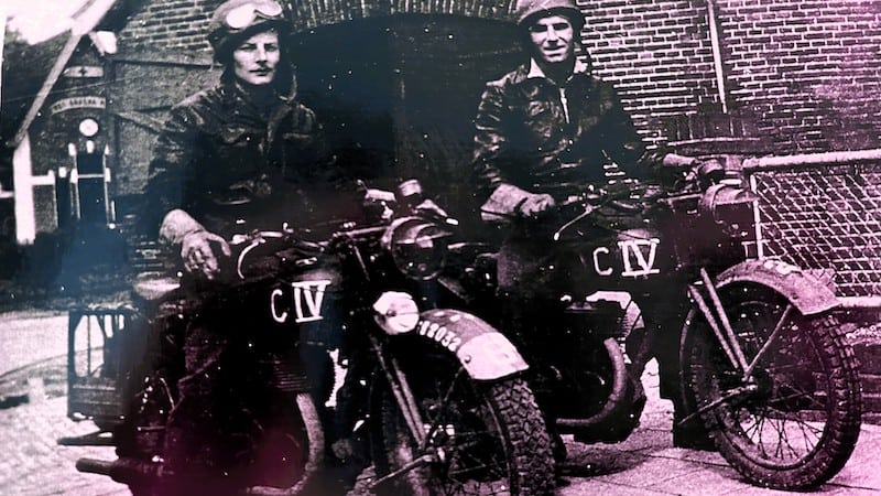 William Shennan on the left, with his buddy Alf Pellant on the right, sitting on their Norton 16H motorcycles. My dad was a dispatch rider for the Canadian Army during WW2, and the picture was taken probably in Belgium, 1944