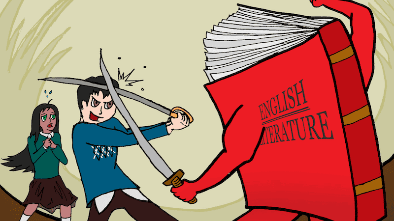A cartoon of a boy fencing with an English Literature book, for the monthly cartoon caption contest January 2024 in Boomer magazine