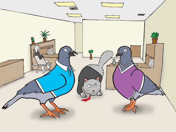 Two pigeons in nice clothes chatting in a business office while a suit-clad cat stalks them. For Boomer cartoon caption contest February 2024 