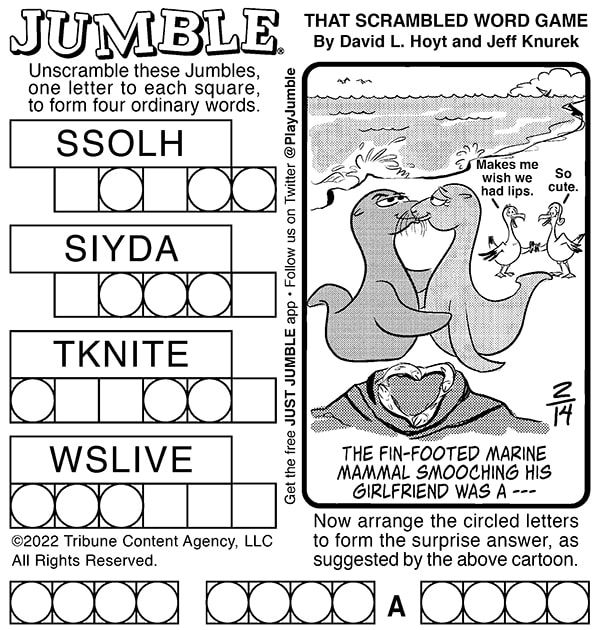 Classic Jumble puzzles with animals kissing cartoon, for the Bats and Smooches paired