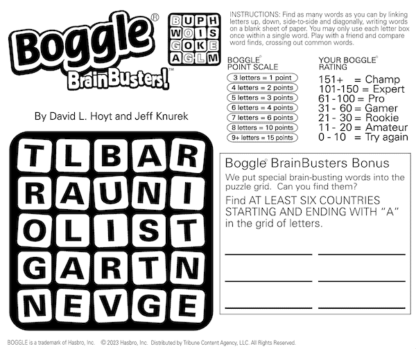 boggle puzzle, featuring a search for countries ending with A