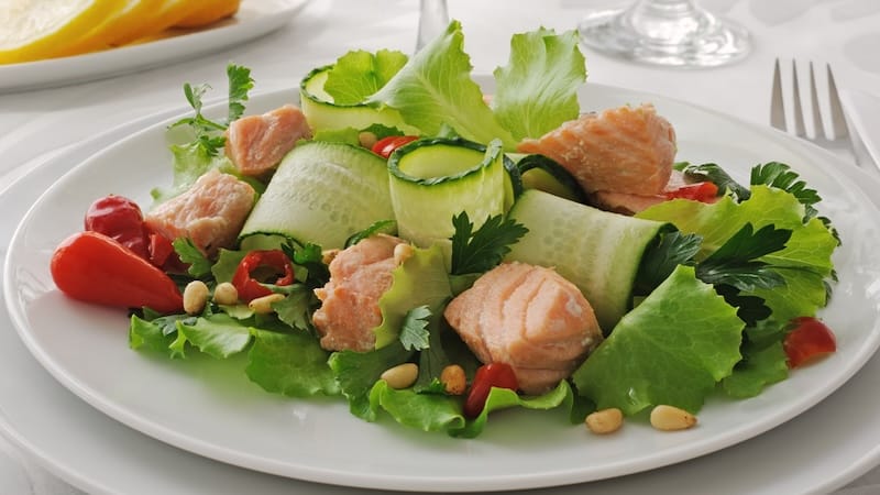 Can Foods Help Prevent Cancer? This healthy salad, with vegetables, fish, and nuts, can help. Image by B0p0h0ba