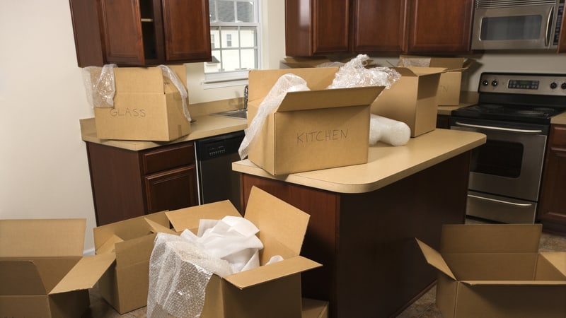 moving boxes in a kitchen, by Iofoto. Article, humorous take asking what's on top of your refrigerator