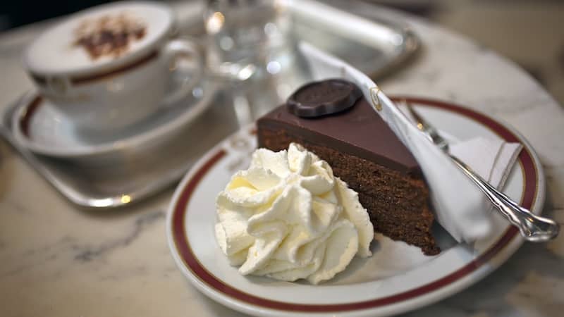 The Sacher torte at home and cafe Sacher in Vienna, Austria.