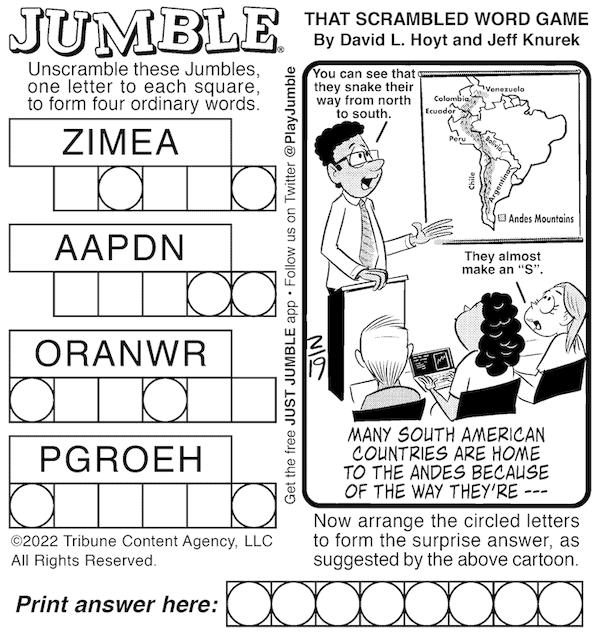 Classic Jumble puzzle with a cartoon of a professor pointing to a map of South America. For Oceans and Andes edition