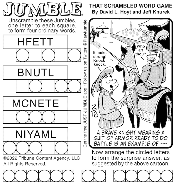 Classic Jumble puzzle with a knight in armor on his horse. For Fetch a Knight