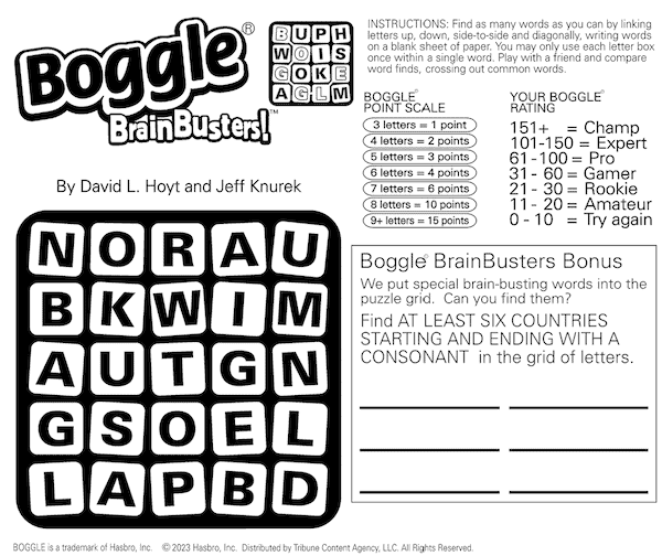 A Boggle word search puzzle where the ultimate search is for consonants and countries