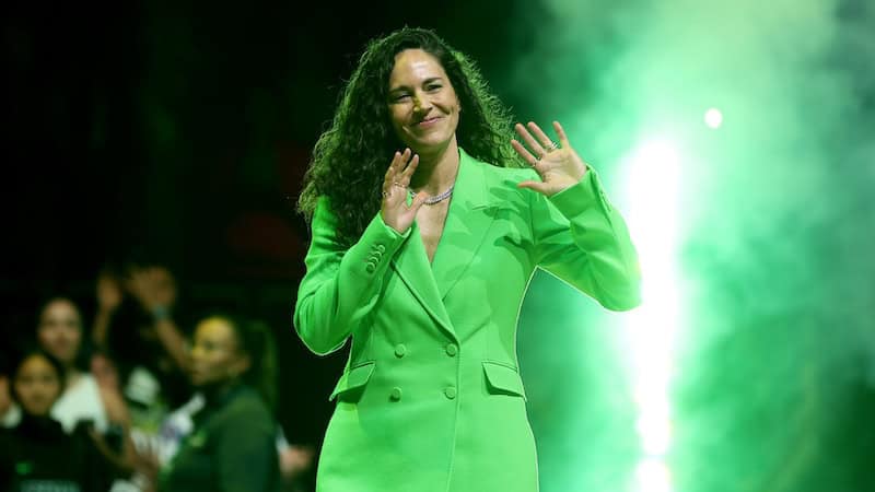 Sue Bird is introduced during her jersey retirement ceremony after the game between the Seattle Storm and the Washington Mystics at Climate Pledge Arena on June 11, 2023, in Seattle, Washington. (Steph Chambers/Getty Images/TNS). Used with article on her production with Megan Rapino of Cleat Cute