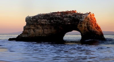 A rock feature rises out of the Pacific Ocean, topped by gulls, along the coast of California