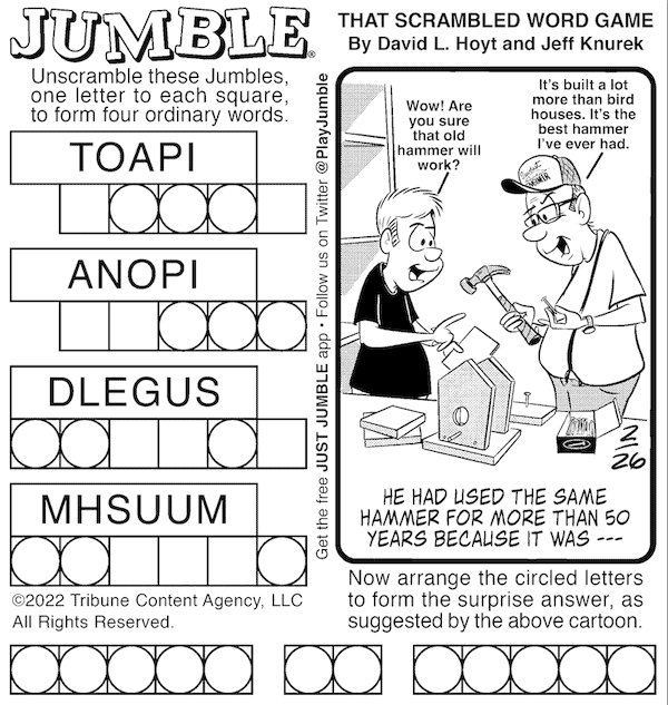 Classic Jumble puzzle with a hammer as the surprise clue, joined with the kids' Jumble for frogs and a hammer