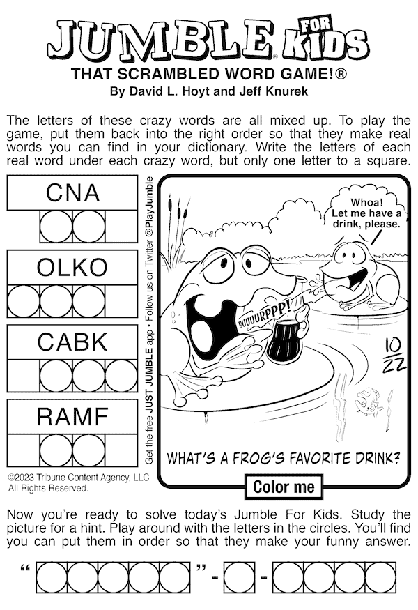 Kids Jumble puzzle with a frog's favorite drink as the trick answer