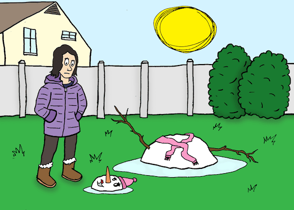 Cartoon of snow woman melting with a human woman looking on, For Boomer magazine Name That Cartoon Caption contest May 2025