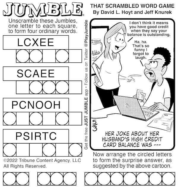 Classic Jumble puzzle with a bonus answer of money matters - a couple disagrees over the meaning of "outstanding balance"