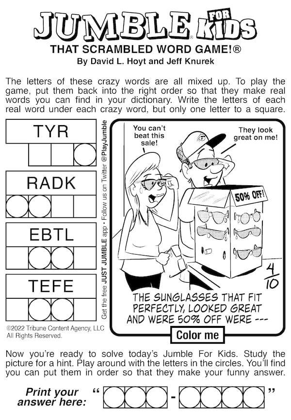 Jumble puzzle for kids. Surprise answer is with sunglasses on sale - money matters with a twist of humor