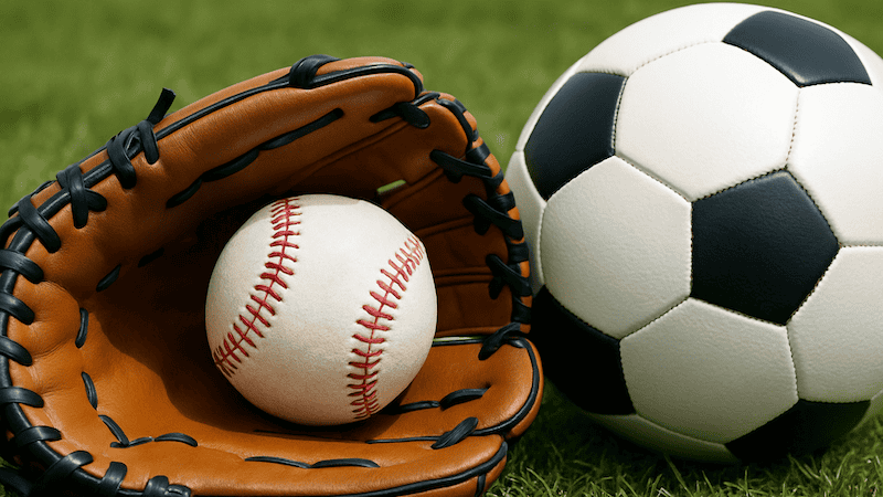 Baseball glove, baseball, and soccer ball. Used in What's Booming. Image from ChatGPT