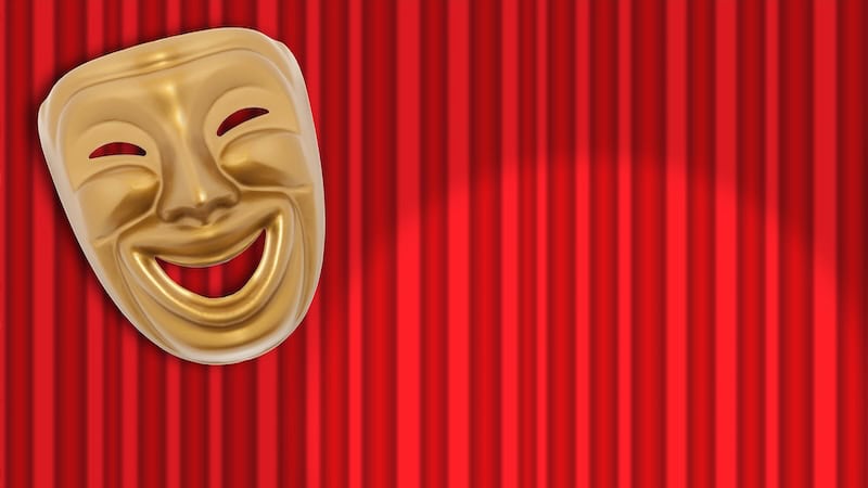 Comedy mask against red theatrical curtain with spotlight on it. By Andrey Burmakin. Used with What's Booming: Three Very Different Comedies