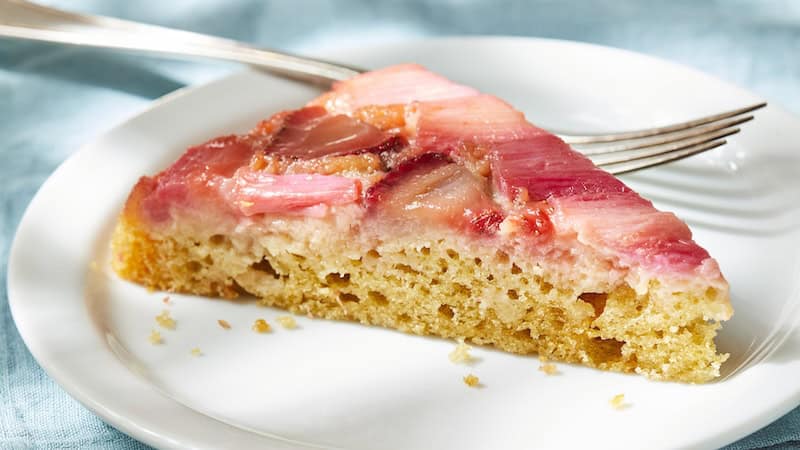 slice of Strawberry-Rhubarb Upside-Down Cake: Strawberries and rhubarb add sweet and tart flavors to this delicious spring dessert. (Jason Donnelly/TCA)