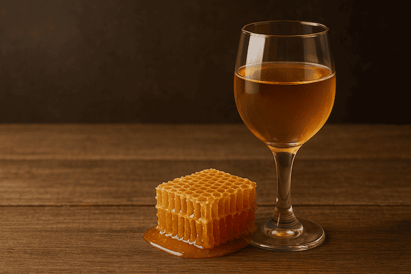 A square section of honeycomb and a wine glass of mead. AI generated