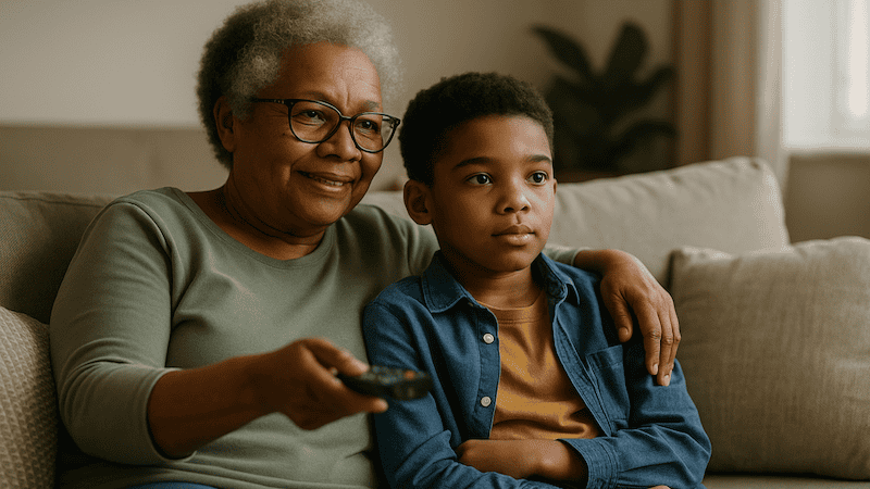Grandmother and grandson enjoying movie night (AI image)