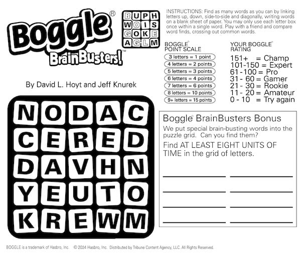 Boggle Brainbusters puzzle with mixed-up letters in a square. This puzzle involves "finding time."