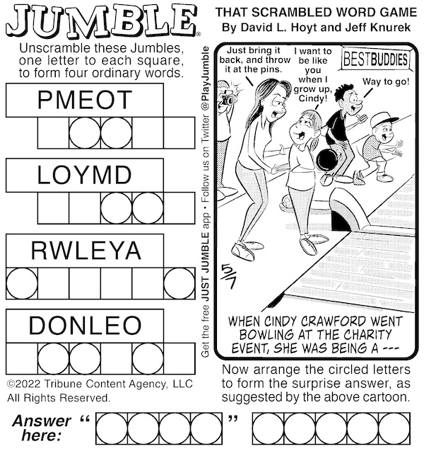 Jumble puzzle with a cartoon of a woman helping a girl bowl, for this week's Jumble Puzzles: Bowling and Mom