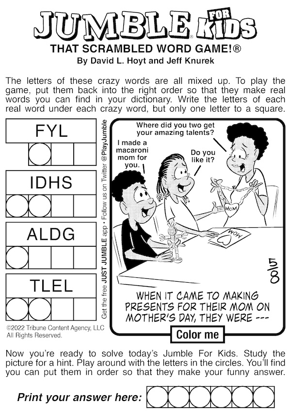 Jumble for kids, with two kids making presents for Mother's Day. For Boomer's Monday Boggle puzzle: bowling and Mom