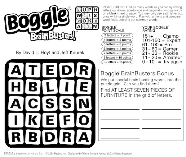 Boggle Find the Furniture word search puzzle with mixed-up letters