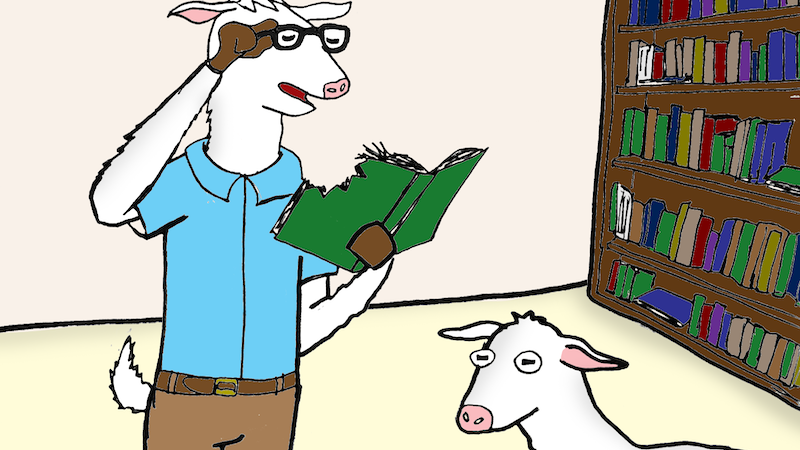 Boomer Cartoon Caption Contest for July 2025: A personified goat is reading a partially chewed book while another goat looks on
