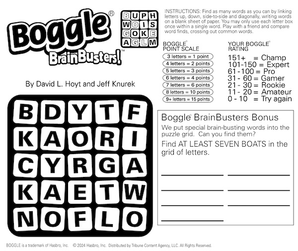 Boggle boat search puzzle - mixed up letters containing words