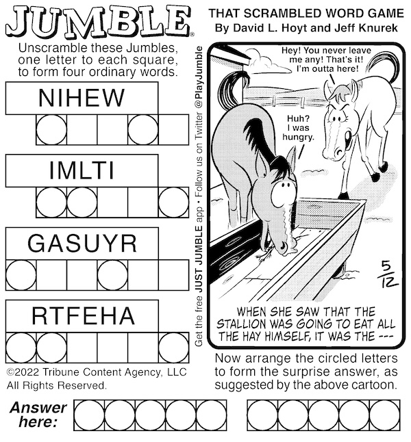 Classic Jumble puzzle with mixed-up letters and a cartoon of horses. For mountain air and horses puzzles