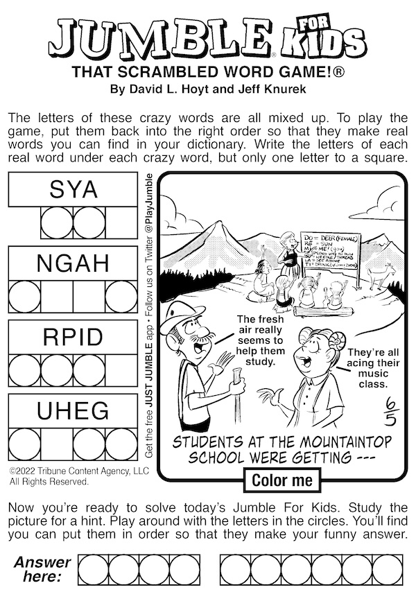 Jumble puzzle for kids: solve the mixed up words and the mystery cartoon, with kids learning in the Swiss mountain air