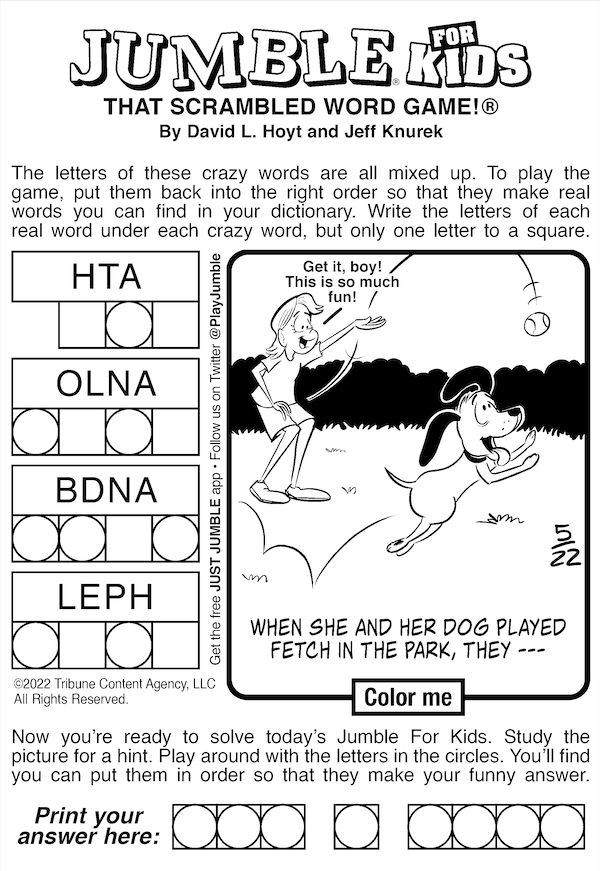 Jumble for Kids puzzle, with a bonus answer cartoon of a girl and dog playing fetch. For two Jumbles: Siblings Fetch