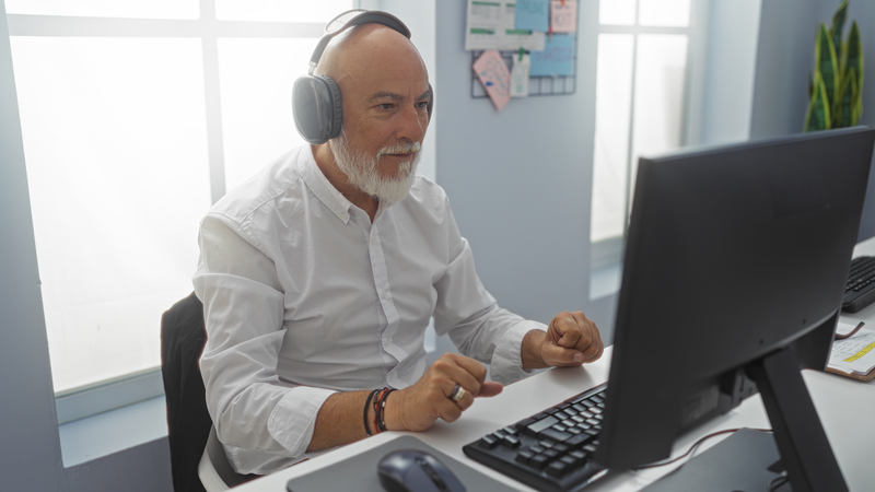 Man on computer, wearing headphones, perhaps pursuing ai-generated friends. Image by Aaron Amat.