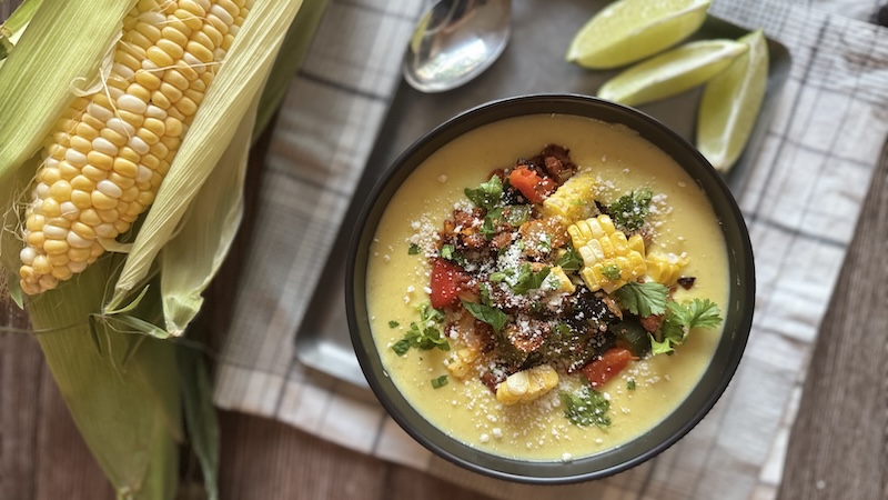 Sweet Corn Soup with Mexican Chorizo and Poblanos is served elote-style, with Mexican street corn garnishes. (JeanMarie Brownson/TCA)
