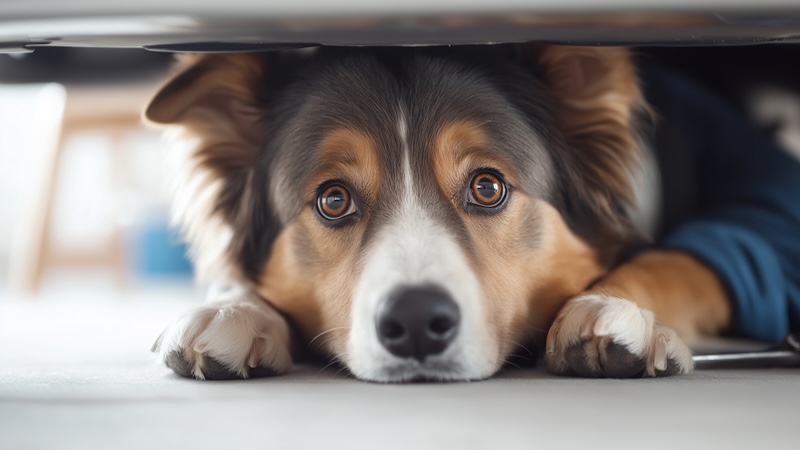A frightened dog hiding. When a dog panics at loud noises from thunder and fireworks, what can a pet owner do to soothe their fear. Animal advocate Cathy Rosenthal offers advice on helping a dog scared by storms and fireworks. Image AI generated.