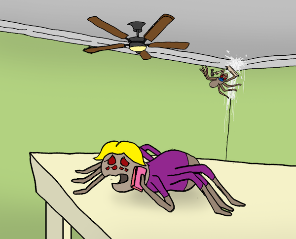 Cartoon of a spider talking on a mobile phone. For Boomer Name That Caption Contest August 2025