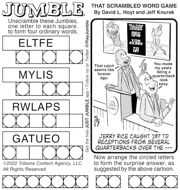Jumble puzzle classic with a cartoon clue of clips of bygone NFL legend Jerry Rice