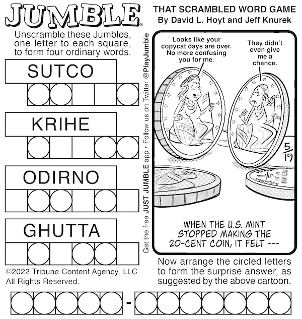 Jumble puzzle with coins conversing. 
