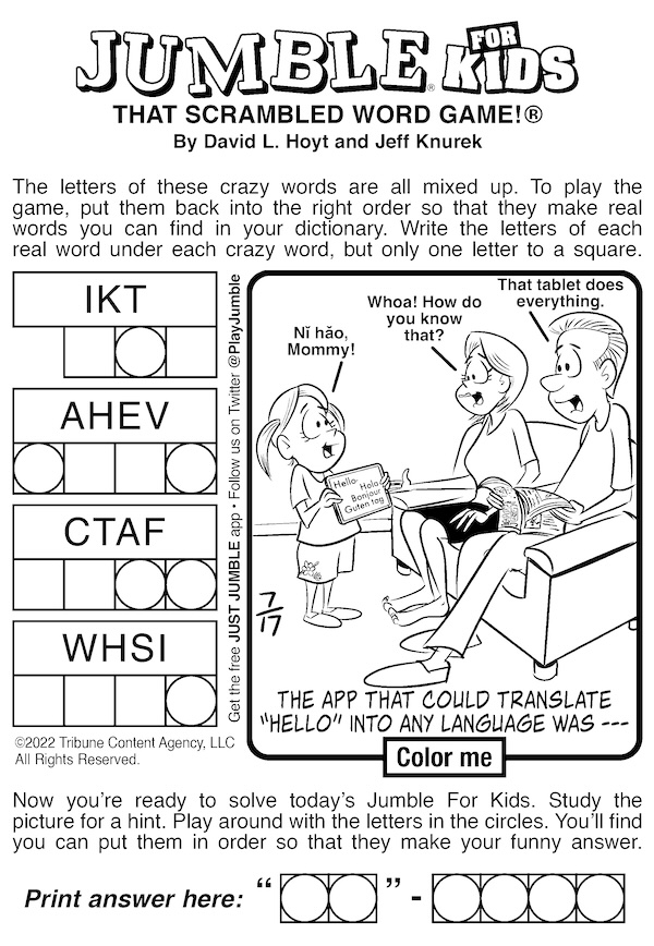 Jumble puzzle for kids, with cartoon of kid's tablet translating languages. With Jumble puzzles with translations and coins
