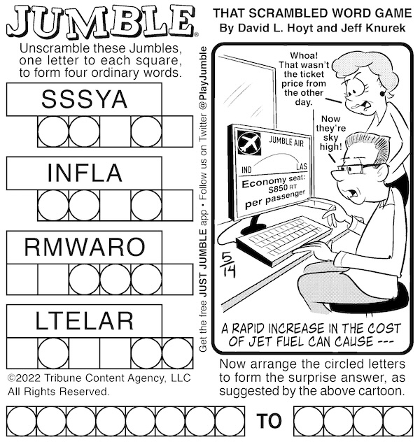 Classic Jumble puzzle, cartoon of couple checking out price of flights. For combo of Jumble puzzles, soda and airfare