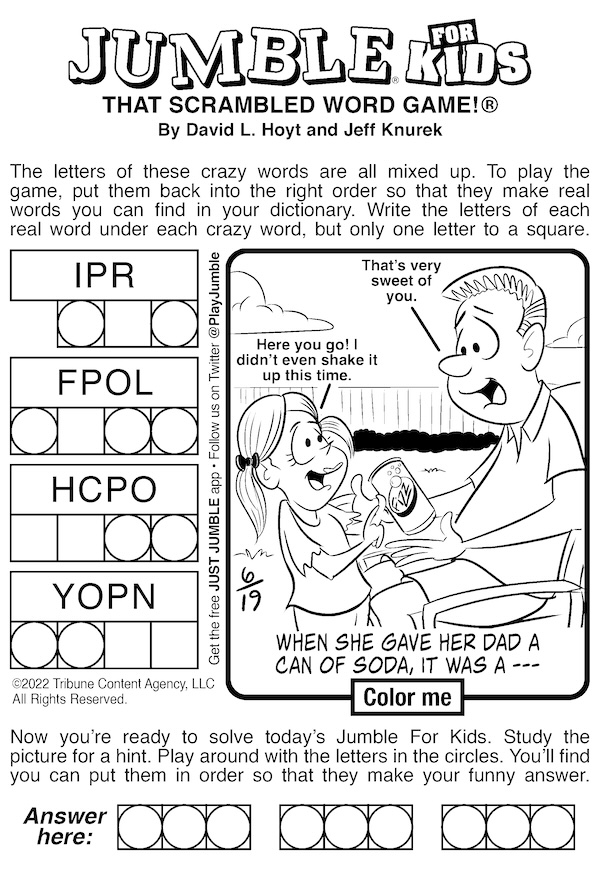Jumble for Kids puzzle, with cartoon of girl handing her father a can of soda. For combo of Jumble puzzles with soda and airfare