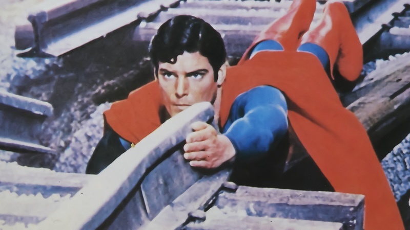 Christopher Reeve as Superman: Viersen, Germany - July 9. 2024: Superman film lobby card detail with Christopher Reeve from 1978 (focus on face). Image by Ralf Liebhold