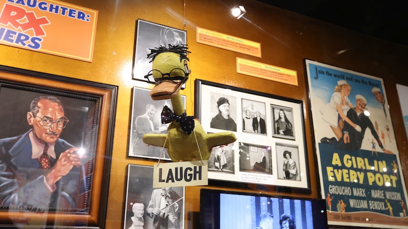 Items in the Marx Brothers exhibit, including one of the dangling prop ducks from Groucho’s TV series, “You Bet Your Life.” PHOTO CREDIT: Sheri Determan, Courtesy Hollywood Museum.
