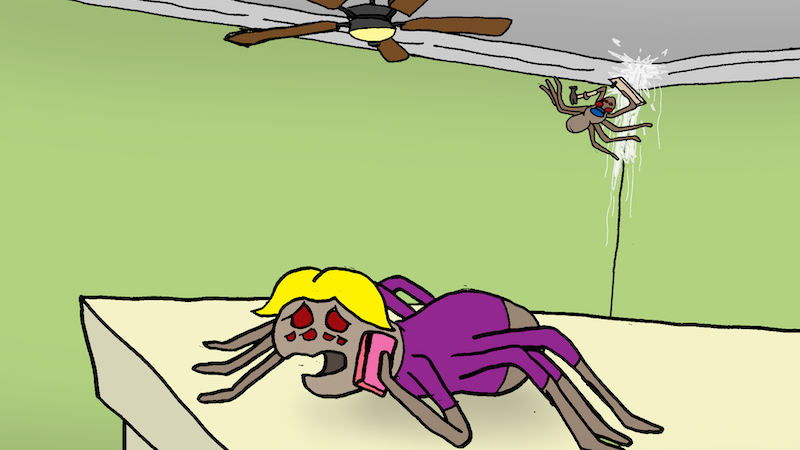 Cartoon: A spider on top of a bookshelf using a cell phone while a spider behind her tries to patch a hole in the ceiling. For Boomer Name That Cartoon Caption: August 2025