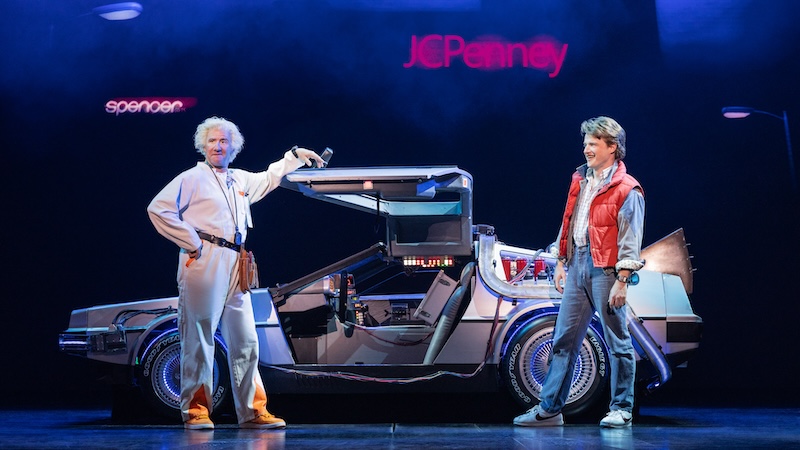 David Josefsberg and Lucas Hallauer with DeLorean in the background, in “Back to the Future: The Musical.” Photo by Evan Zimmerman for MurphyMade.