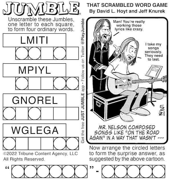 A classic jumble puzzle with the cartoon of a famous songwriter. For the combo of songwriter and twins